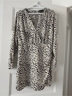 Polka Dot Long Sleeve V-Neck Dress - Black & White